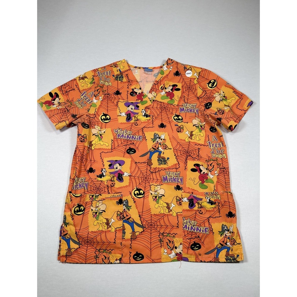Disney Scrub Top Womens Large Orange Halloween Mickey Minnie Print Nursing